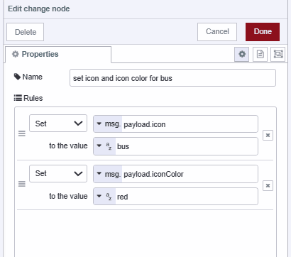 Screenshot of the Change node setting the icon and icon color for bus